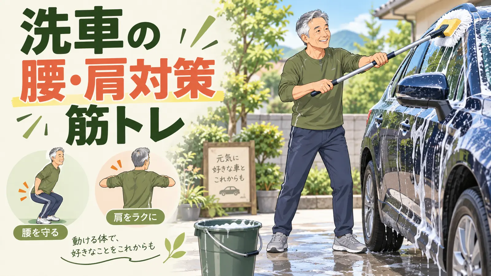 長い柄のスポンジで洗車する中高年男性