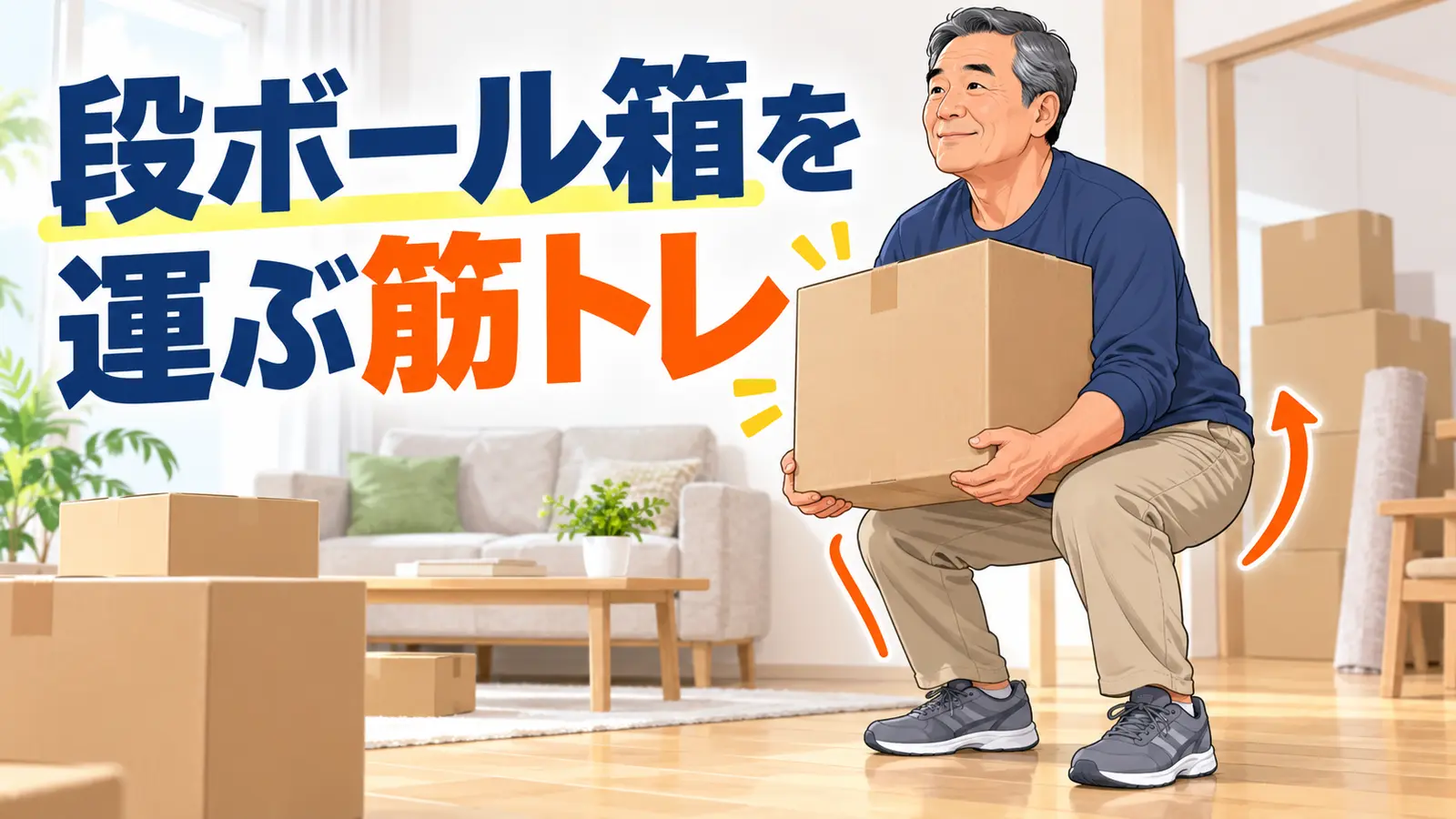 段ボール箱を身体へ近づけて持ち上げる中高年男性