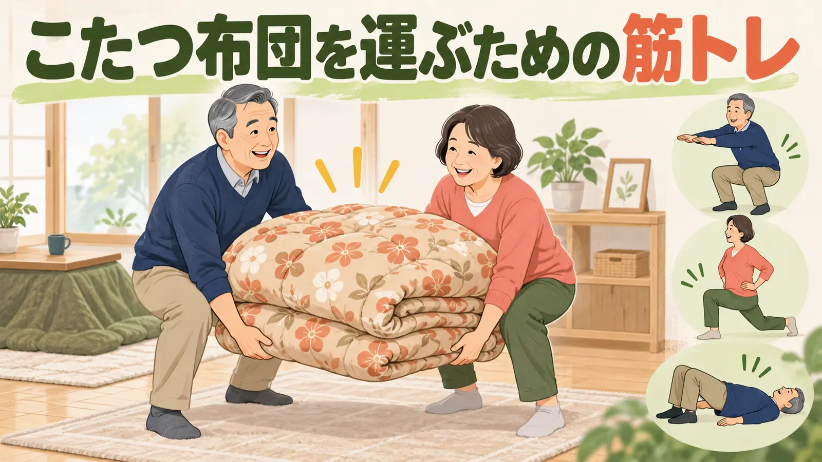 こたつ布団を運ぶための筋トレのイメージ