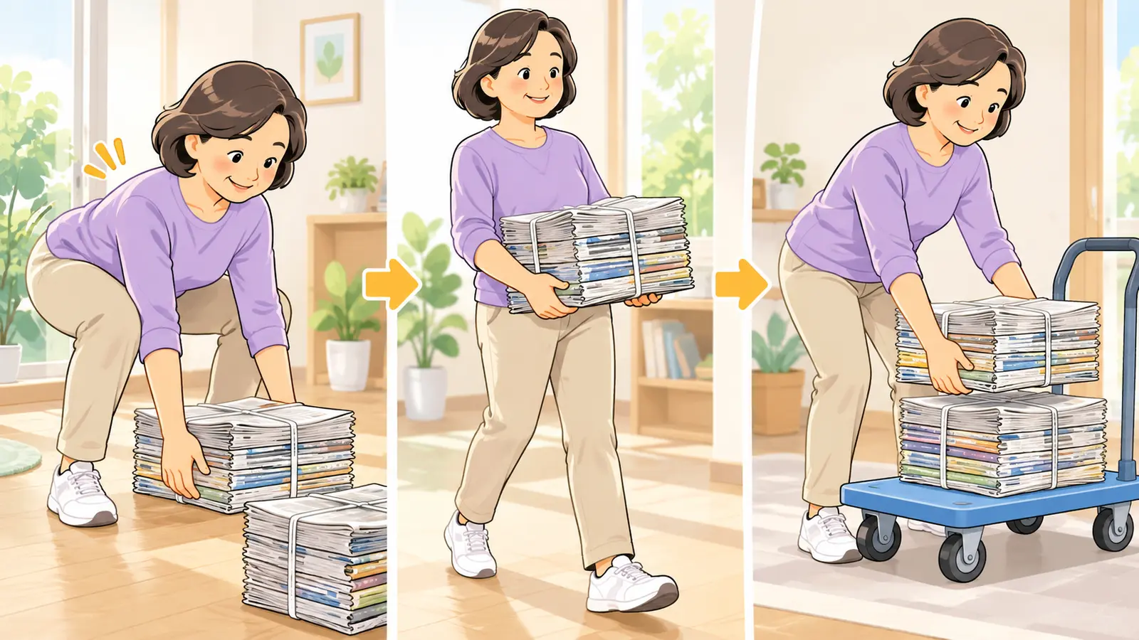 新聞や雑誌の束を運ぶための筋トレに備える運動