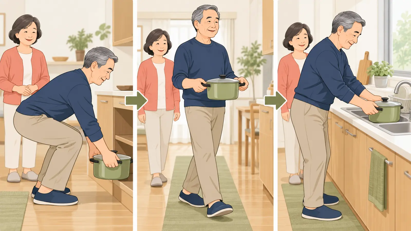 鍋をシンクへ安全に運ぶ筋トレに備える運動