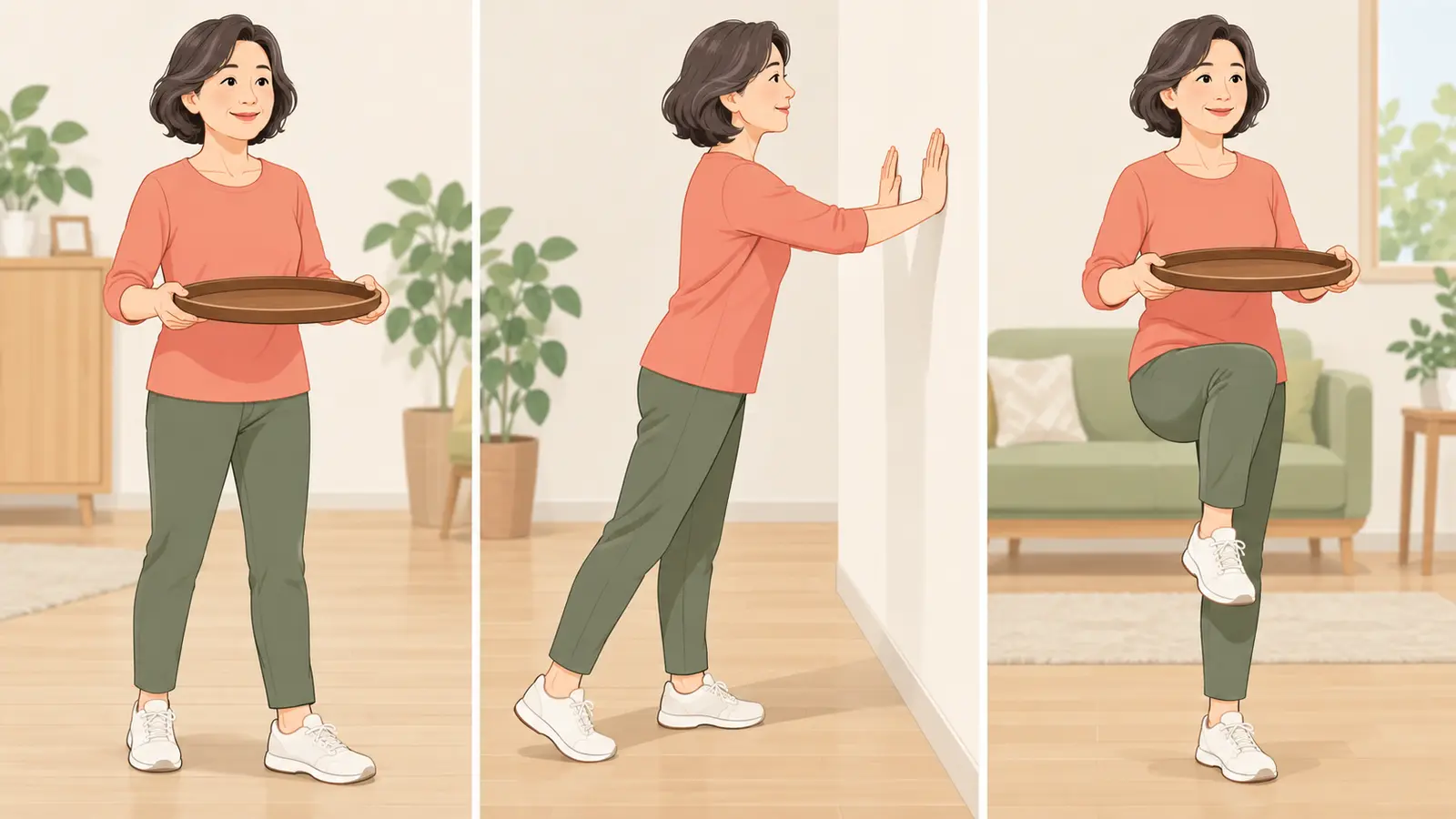 お盆を安全に運ぶための筋トレに備える運動