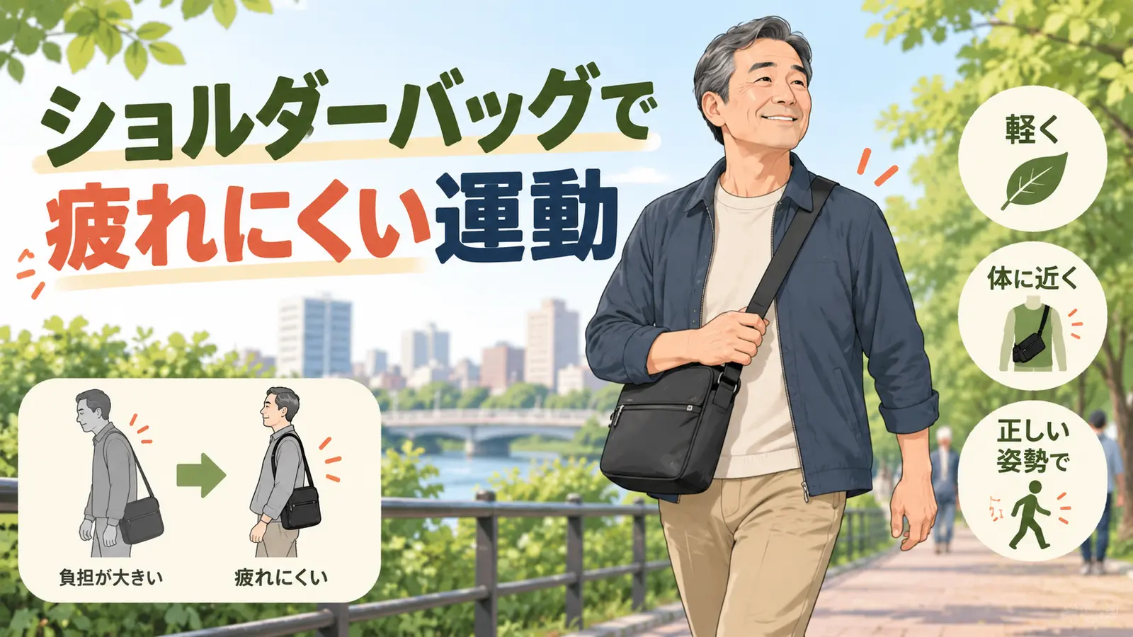 ショルダーバッグで疲れにくい運動のイメージ