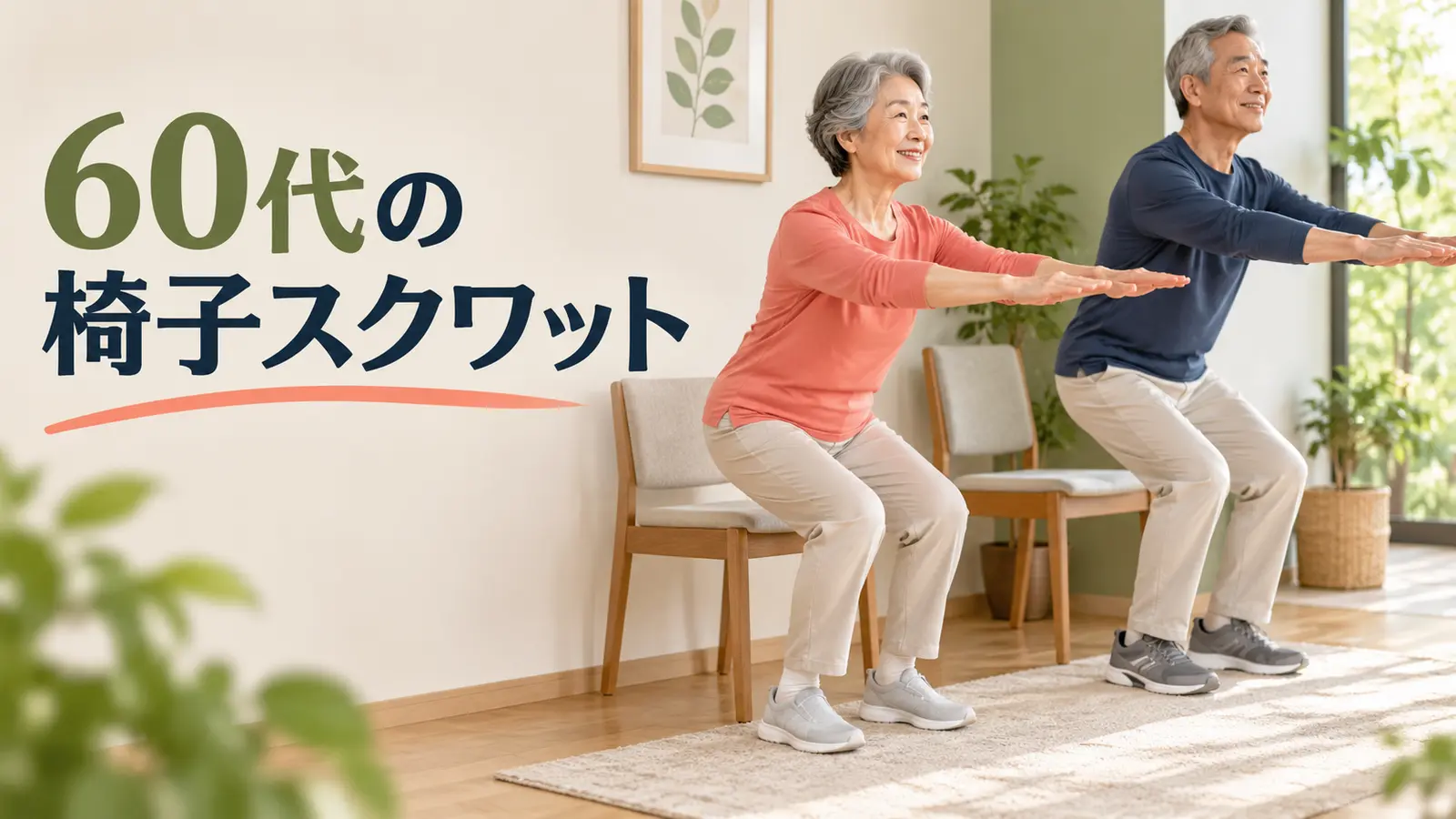 60代の椅子スクワットのポイントを示すイラスト