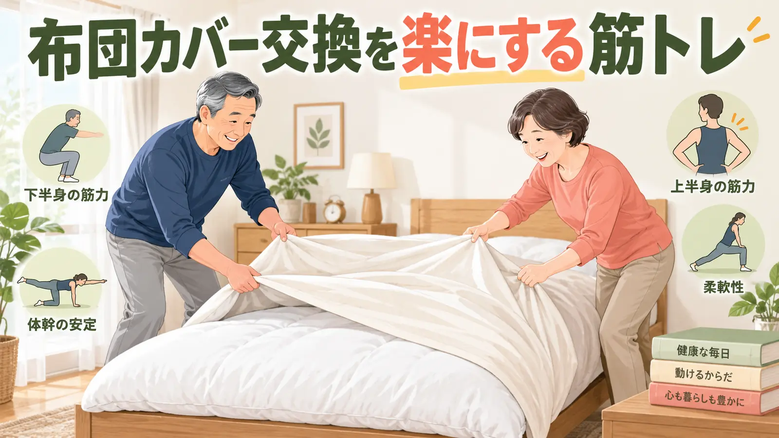 布団カバー交換を楽にする筋トレのイメージ