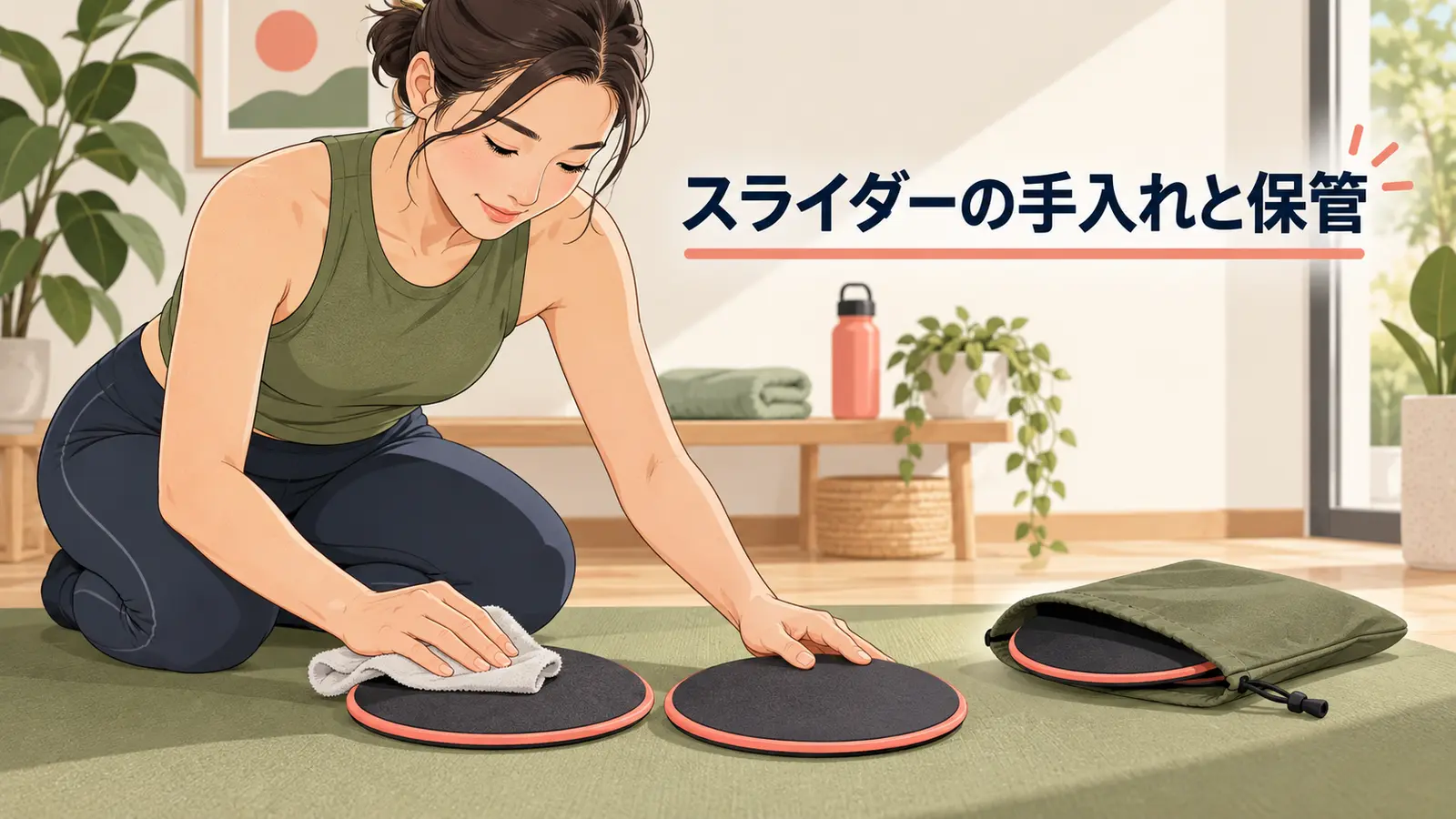 トレーニングスライダーの手入れと保管の安全なフォームと調整方法を示すイラスト