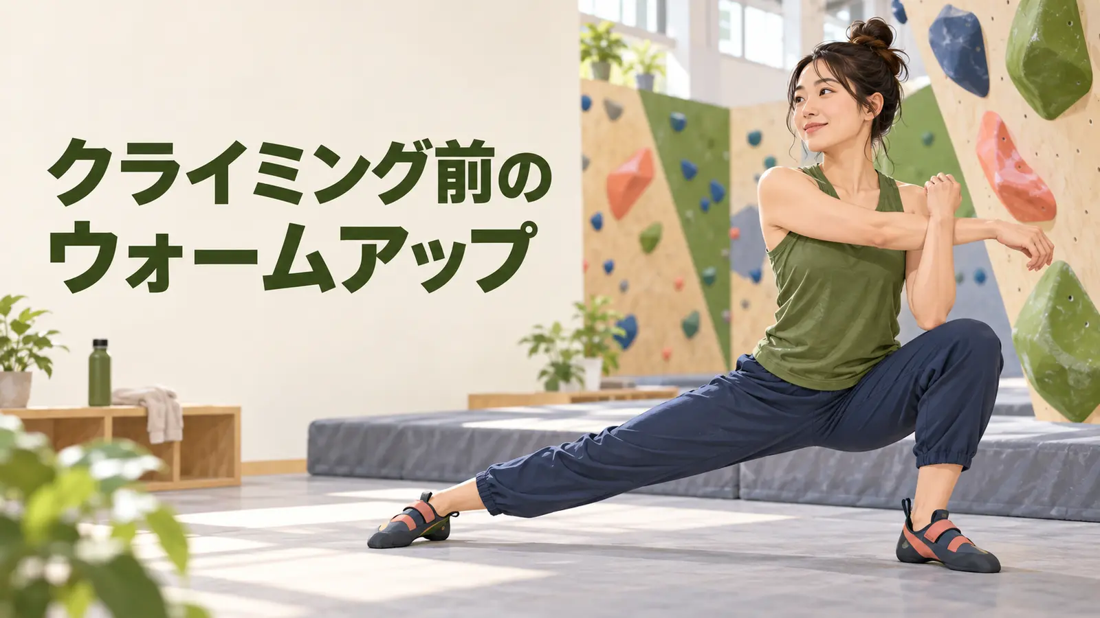 クライミング前に指・肩・股関節を準備する様子