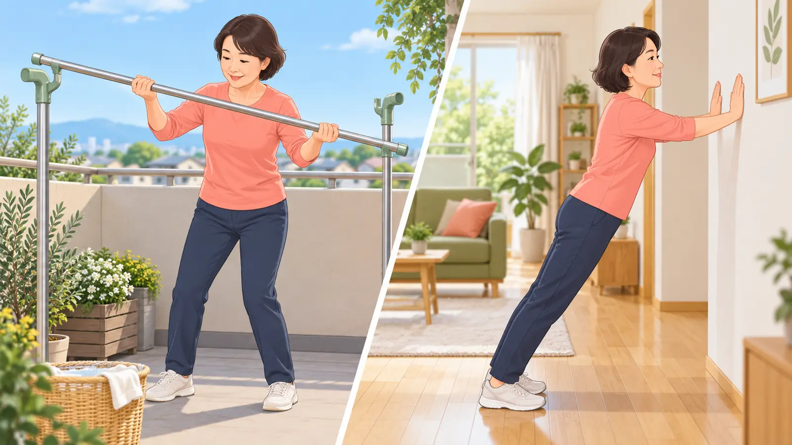 物干し竿を軽くして体の近くで動かす手順