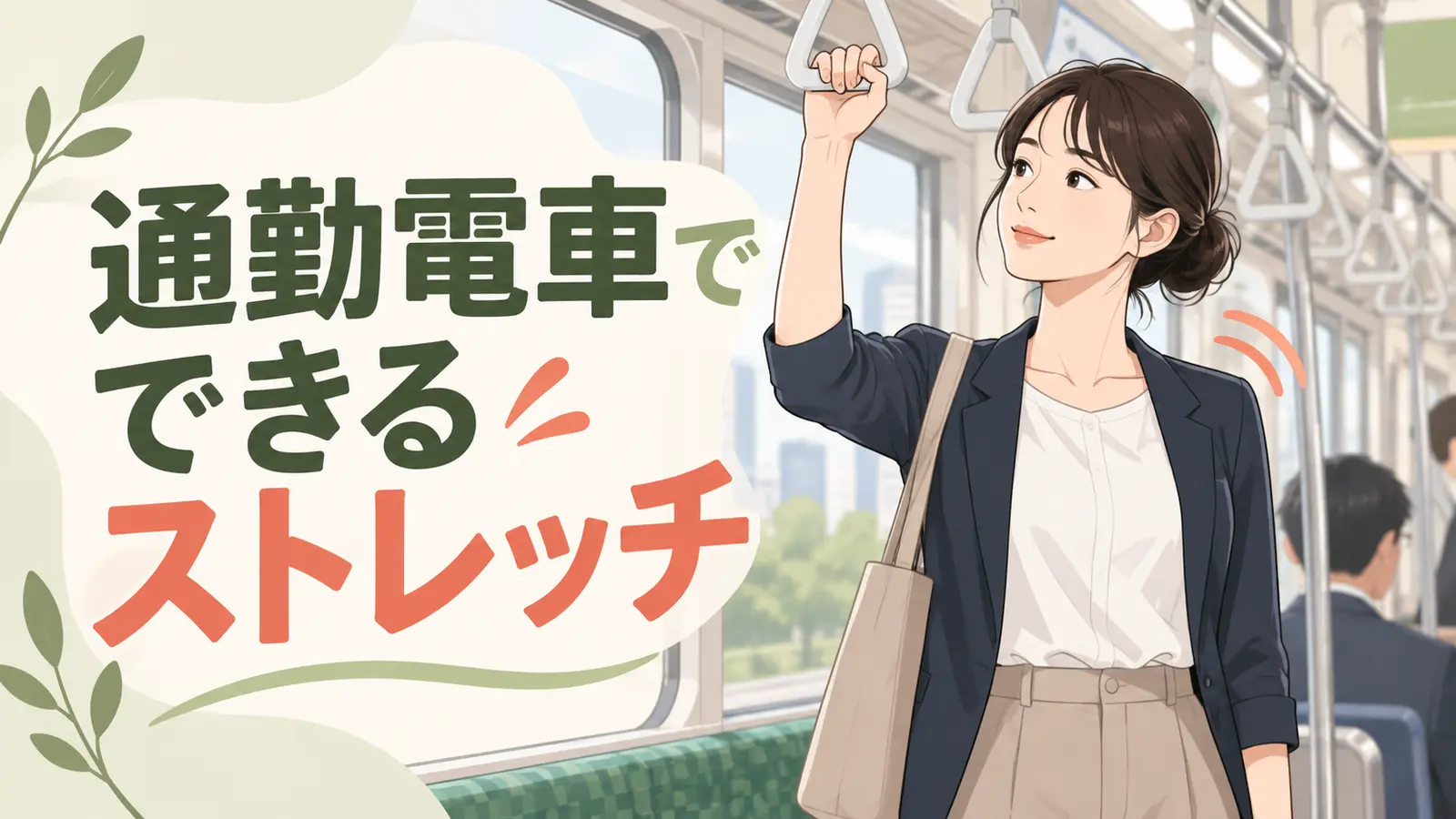 つり革を持ち安全に小さく身体を動かす通勤者