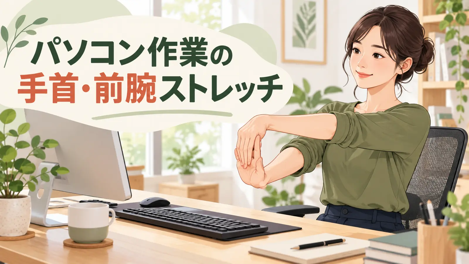 パソコン机で手首と前腕を伸ばす女性