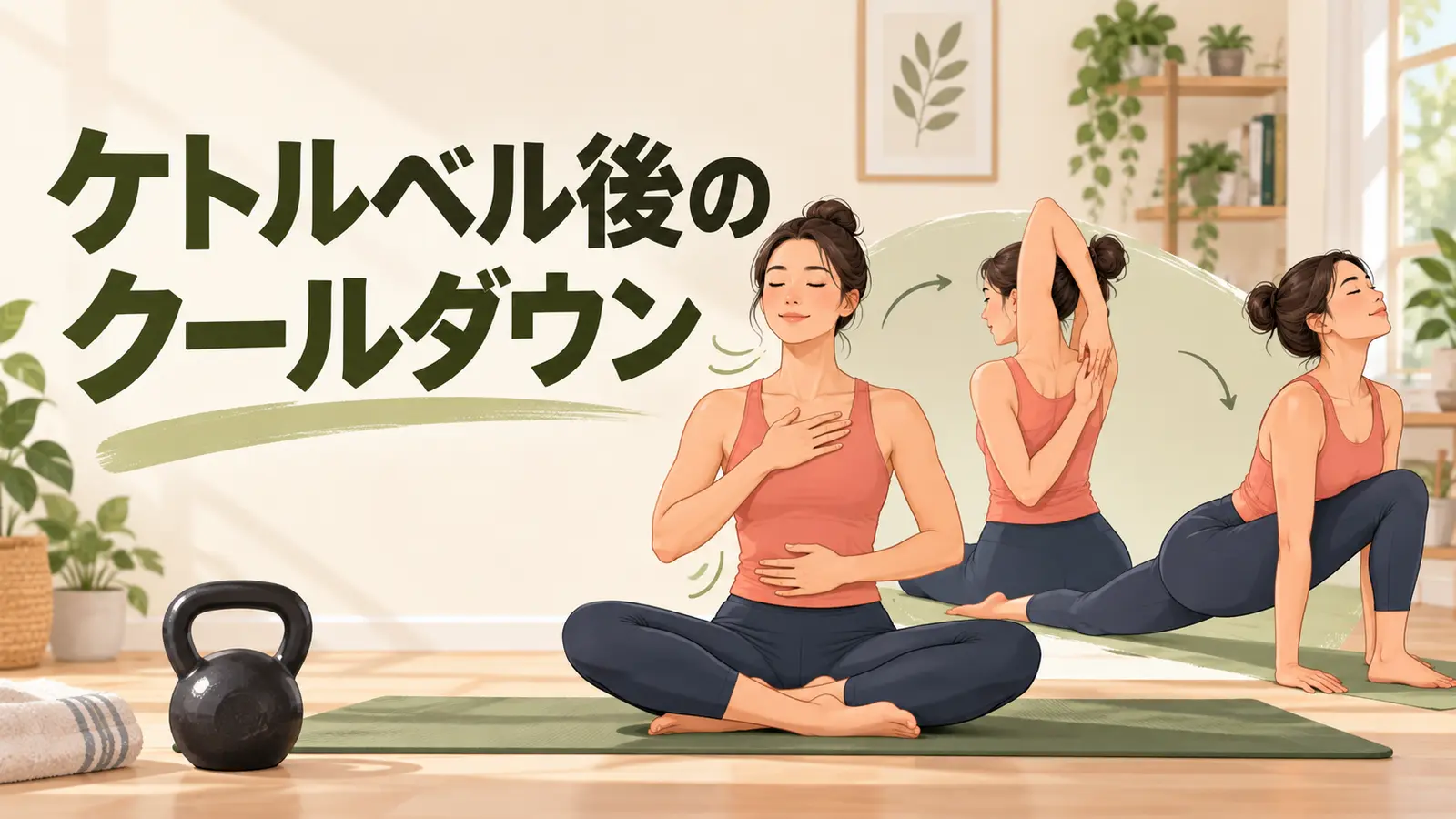 ケトルベル後のクールダウンの内容を表すアイキャッチイラスト