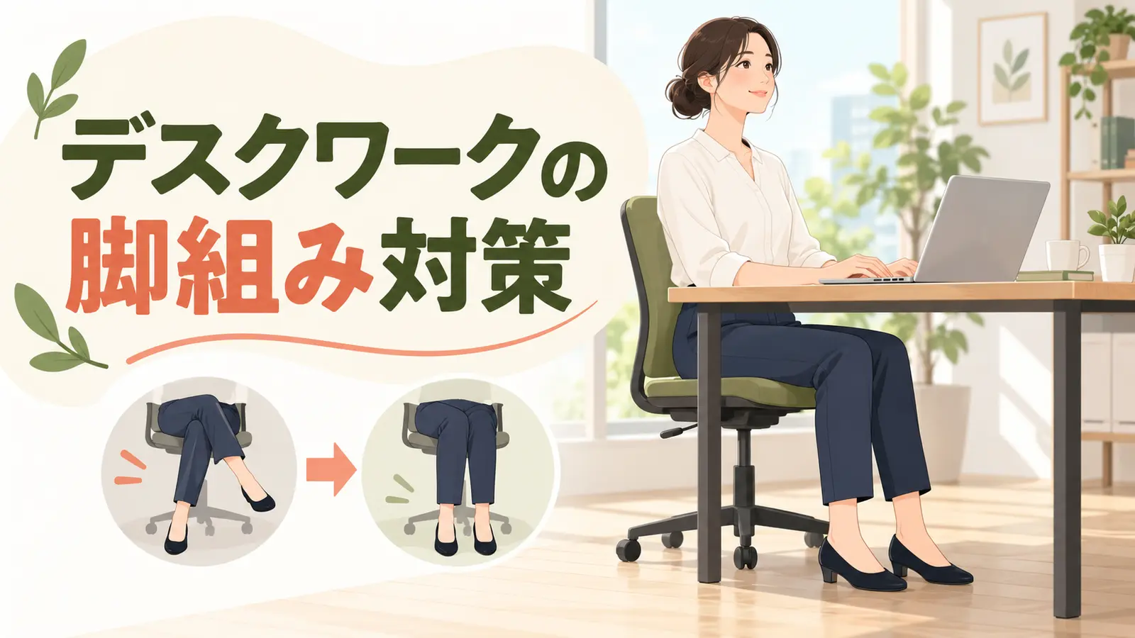脚組みをやめて両足を床へ戻すデスクワーカー