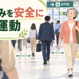 駅構内で間隔を保って歩く中高年女性