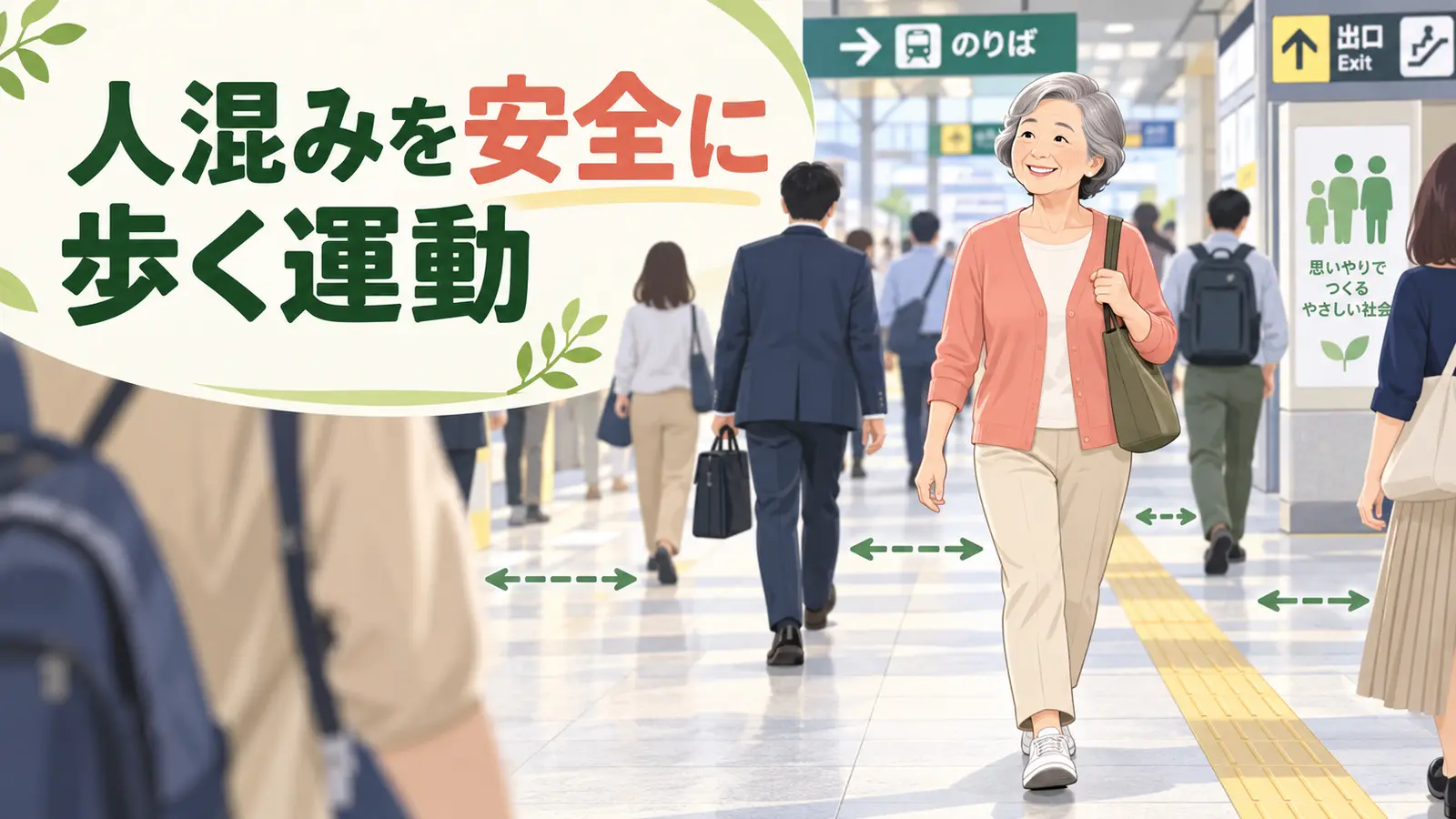 駅構内で間隔を保って歩く中高年女性