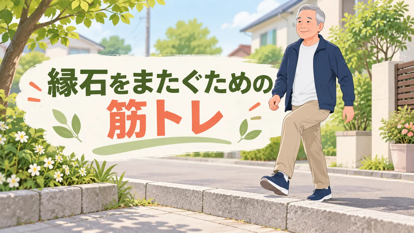 低い縁石を安全にまたぐ中高年男性