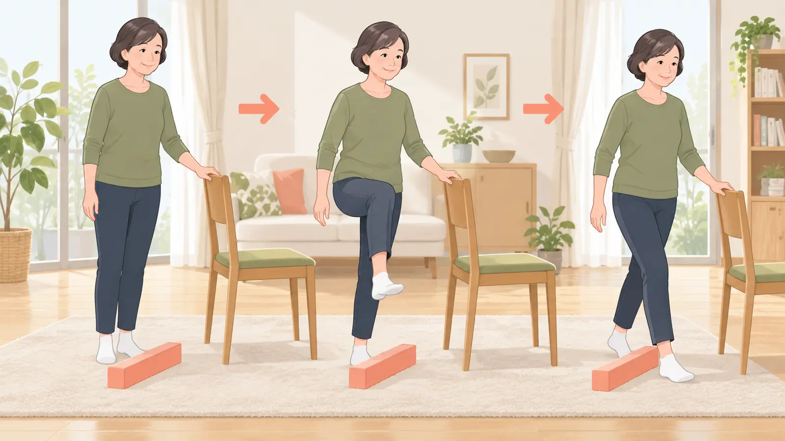 椅子を支えに低い目印をまたぐ練習