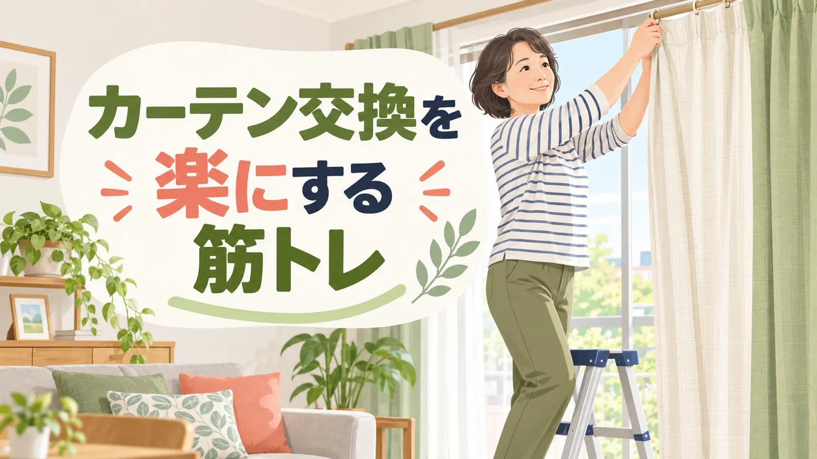 カーテンを安全に交換する中高年女性