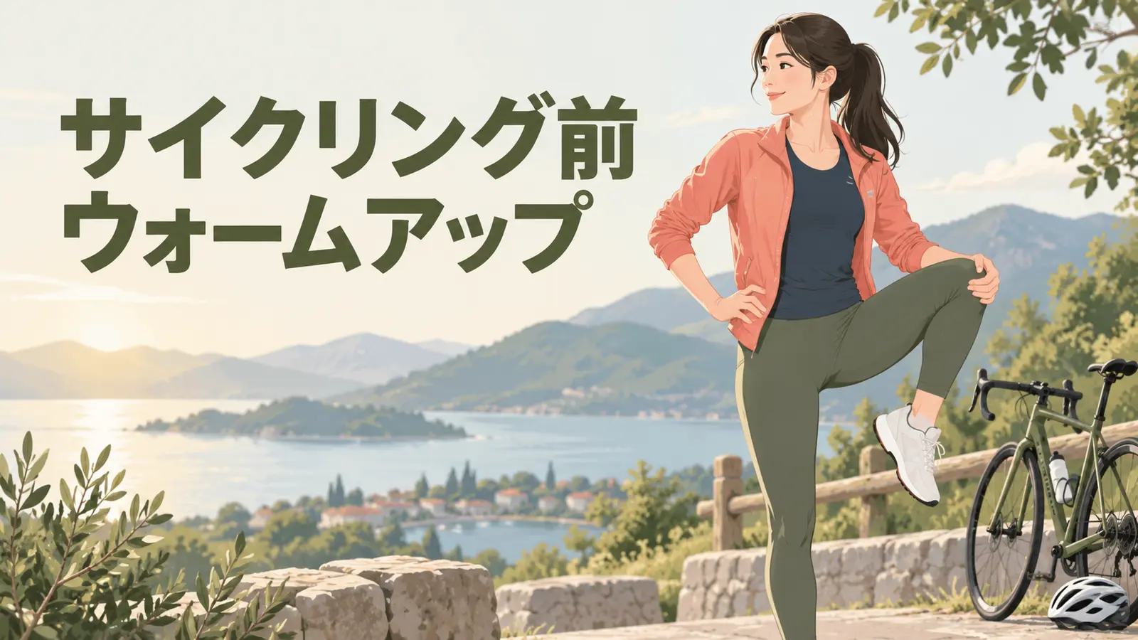 サイクリング前のウォームアップを行う人物