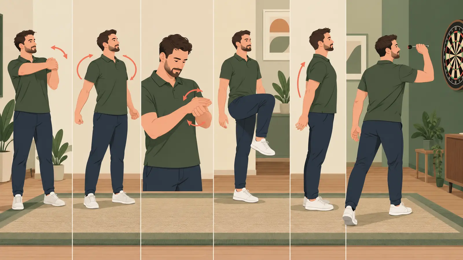 ダーツ前のウォームアップ手順を示すイラスト