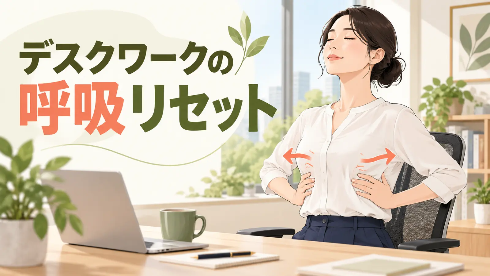 椅子に座り両手を肋骨へ添えてゆっくり呼吸するオフィスワーカー