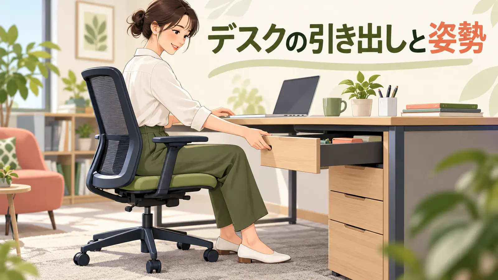 デスクの引き出しを無理なく使う配置