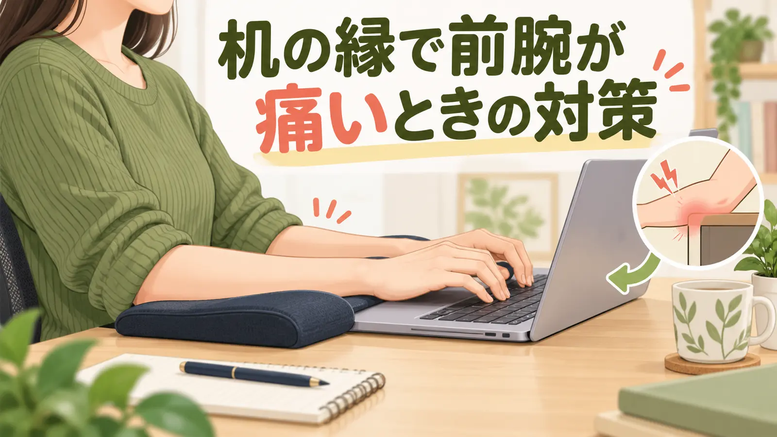 机の縁と前腕の正しい配置を示すアイキャッチ
