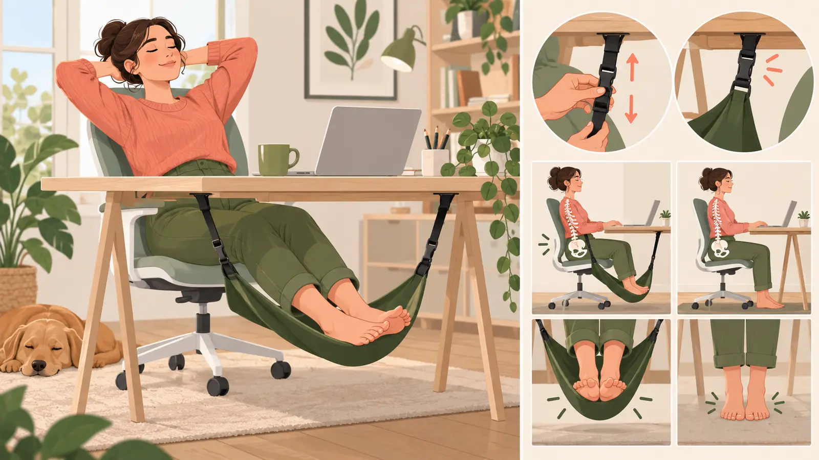 休憩時に足を預けるデスク用フットハンモックを具体的に示すイラスト