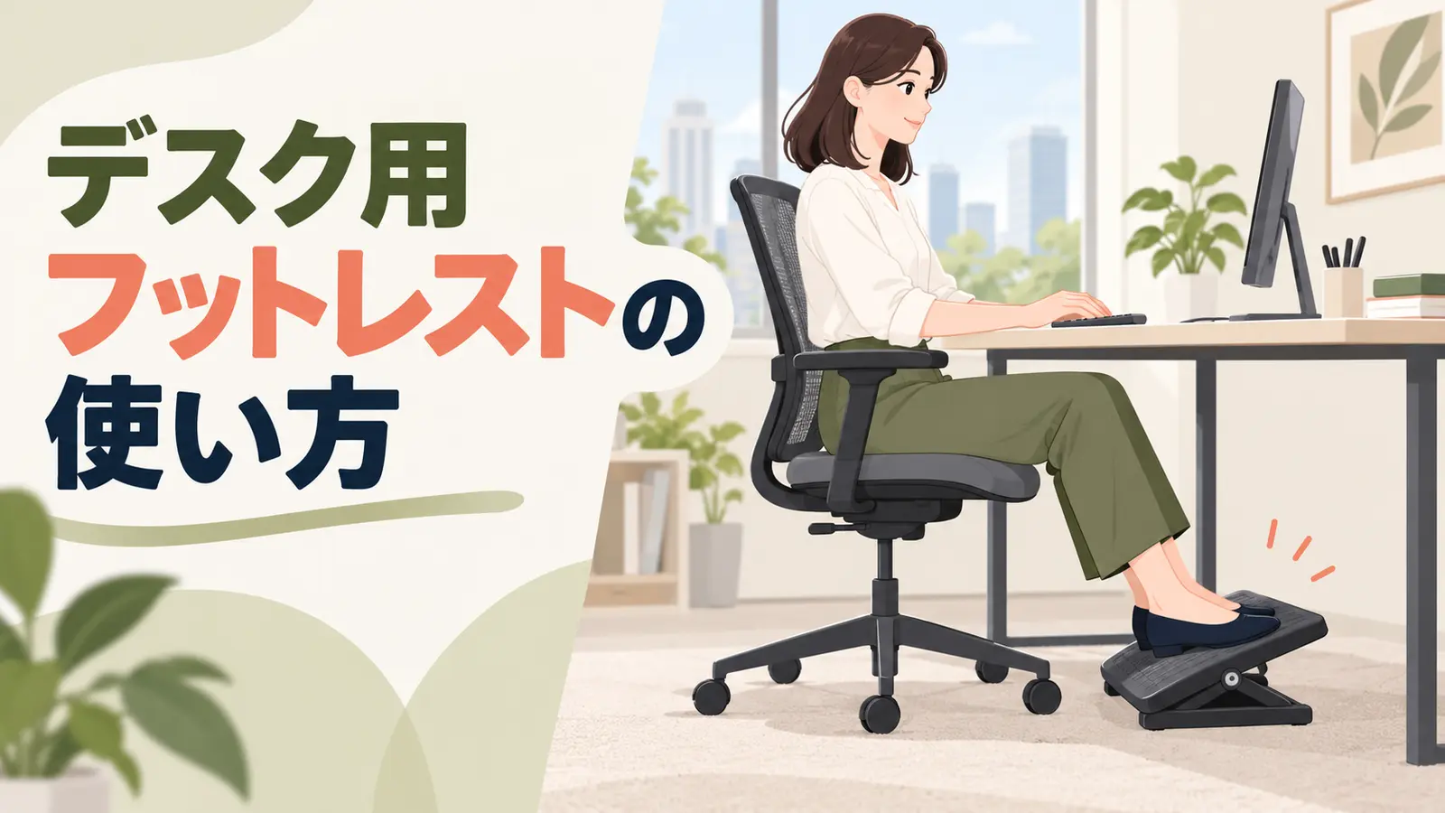デスクの下で両足をフットレストへ自然に置く人