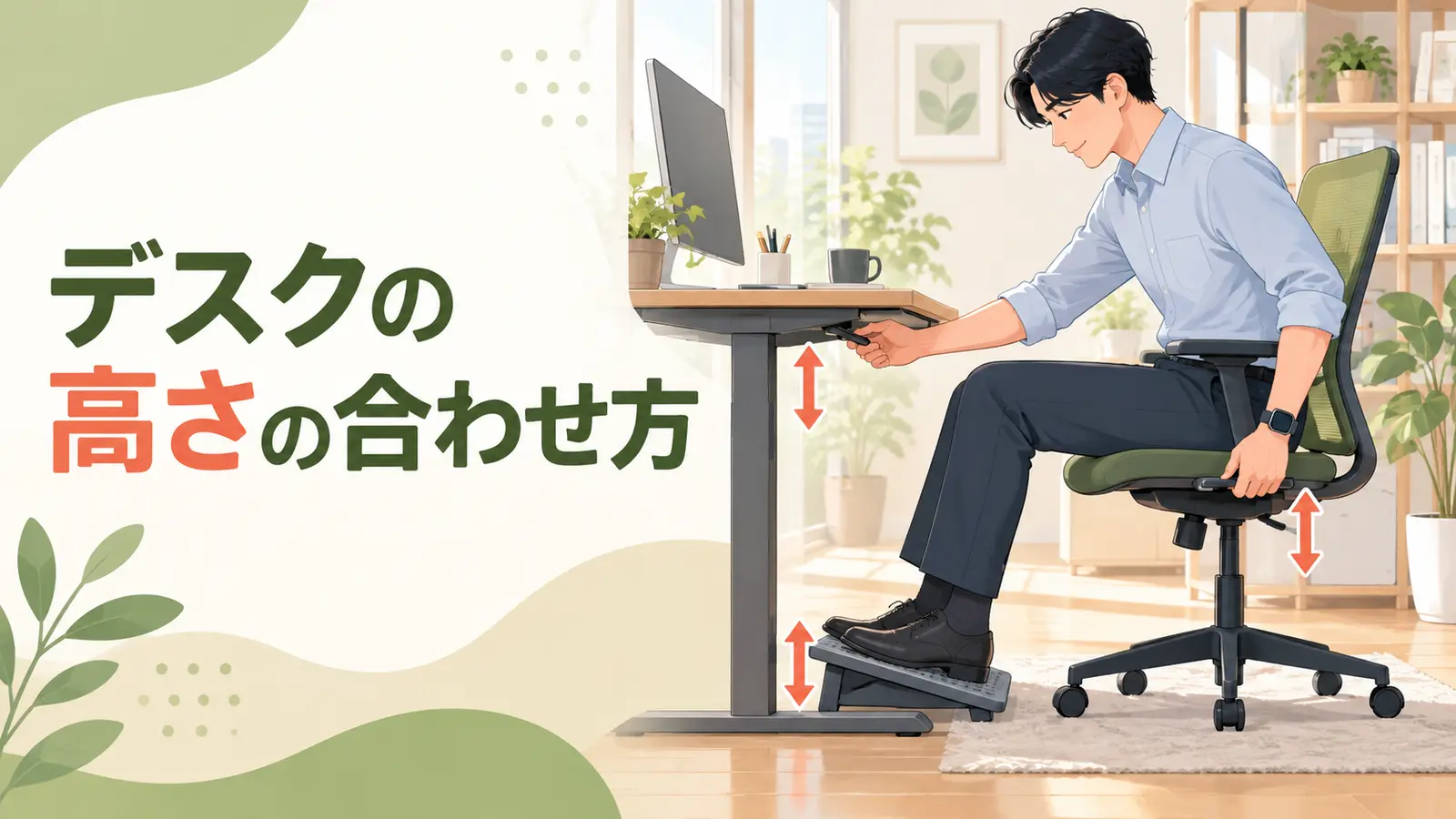 机と椅子の高さを調整する会社員のイラスト