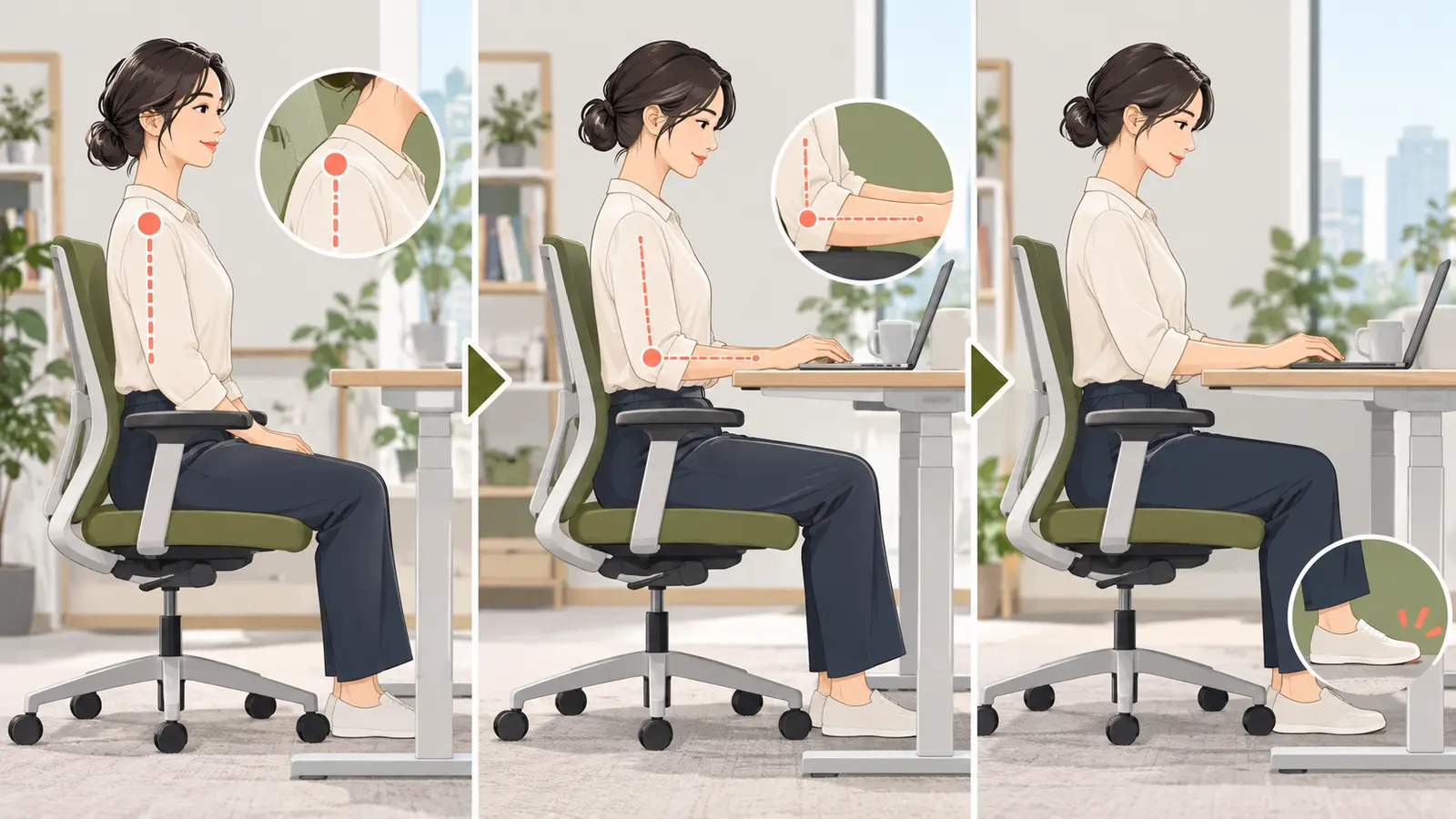 肩・肘・足裏を基準に机と椅子を合わせるイラスト