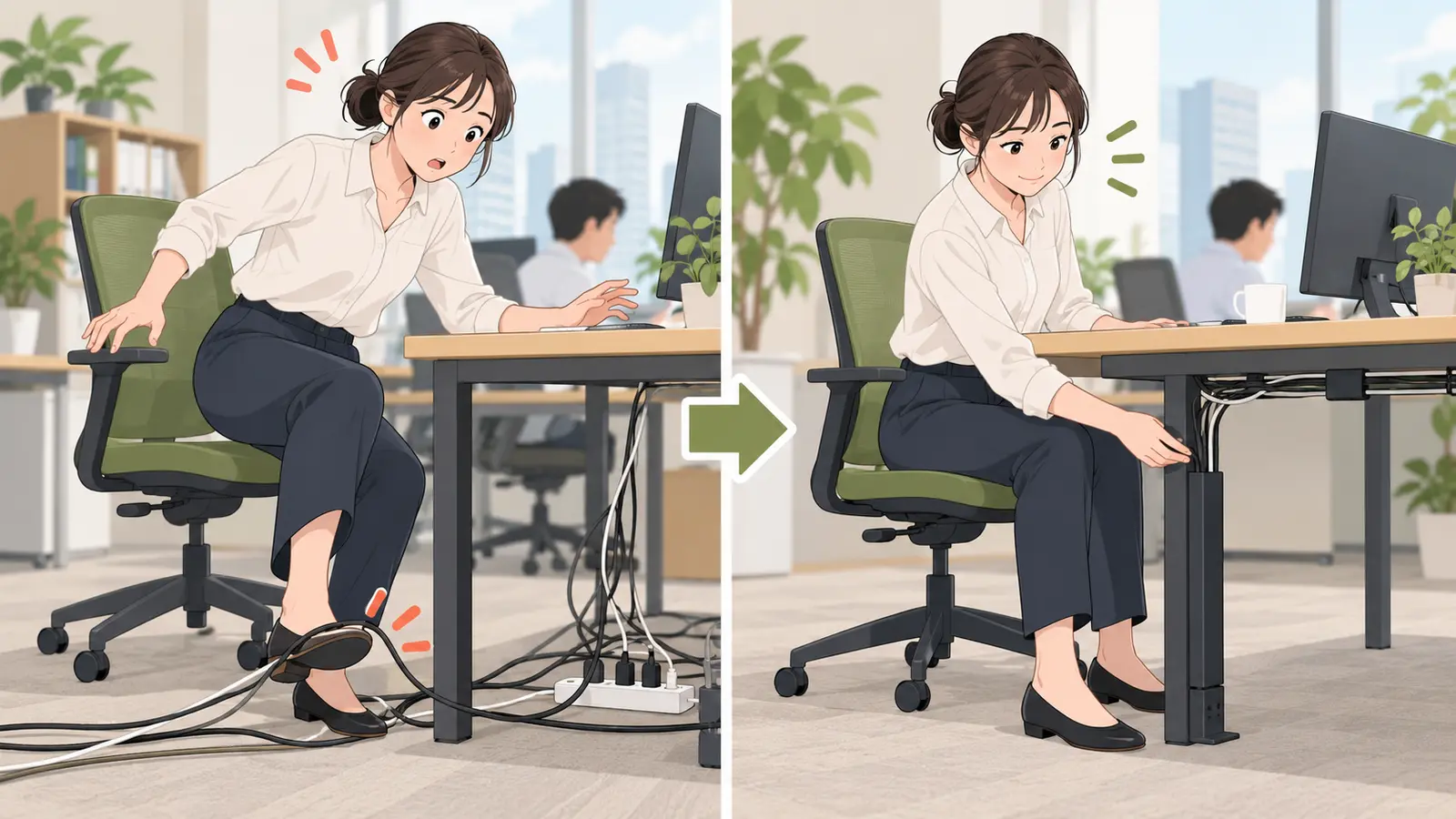 配線整理前後のデスク下を比較したイラスト