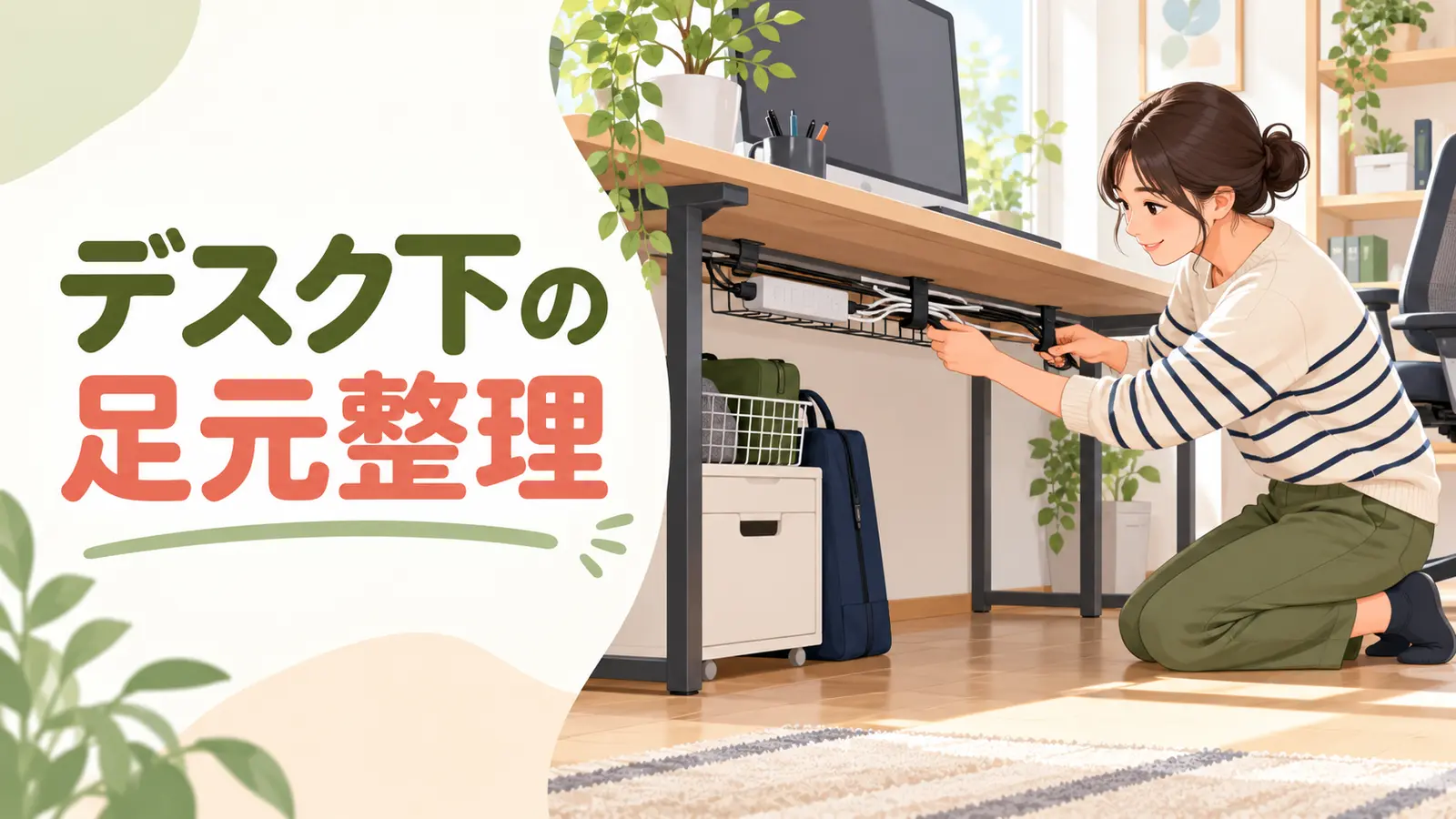 デスク下の配線と荷物を整理する人のイラスト