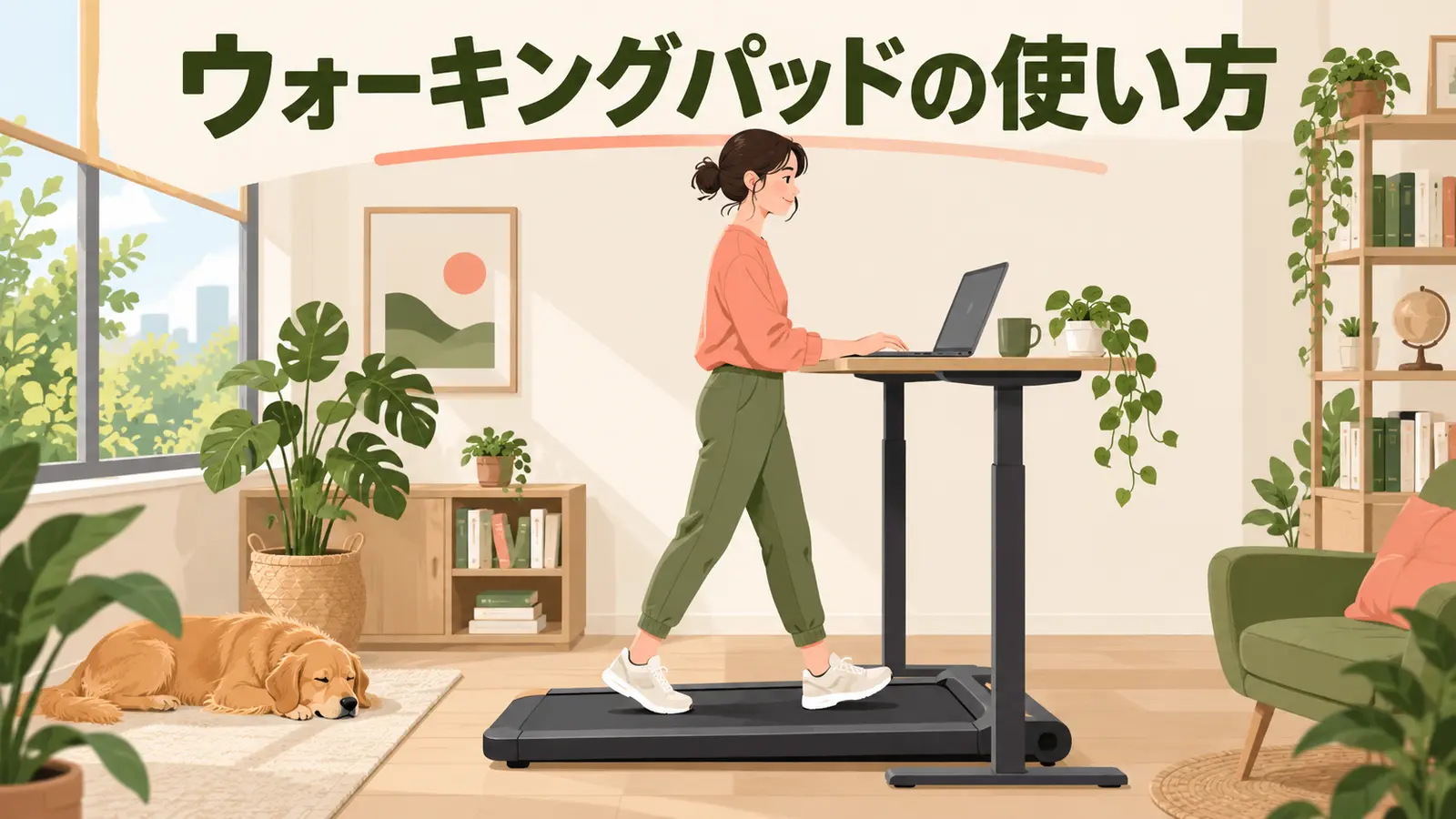 安定したデスクで低速歩行するウォーキングパッド