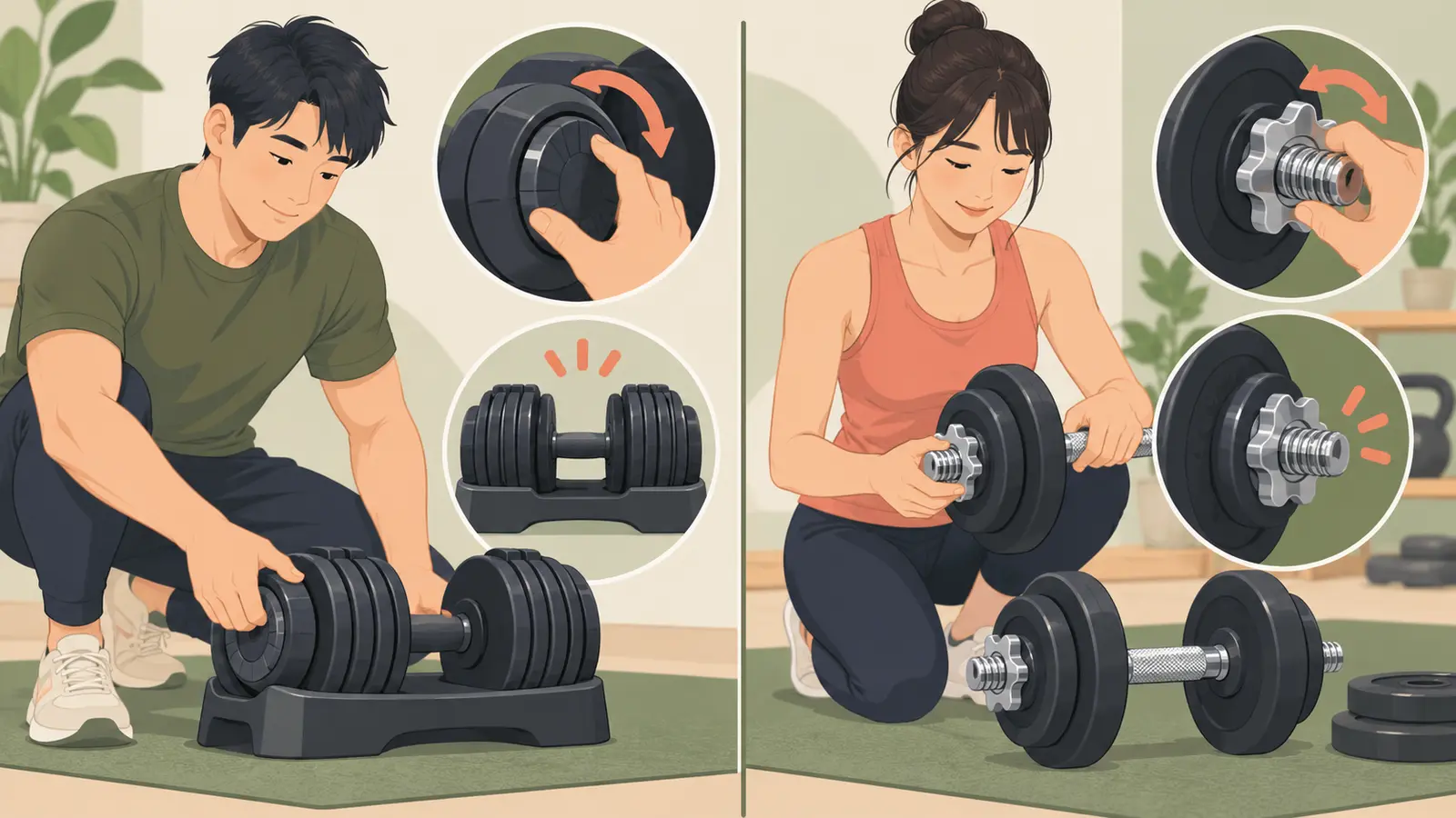 ダイヤル式とスピンロック式ダンベルを安全に比較・確認する解説イラスト