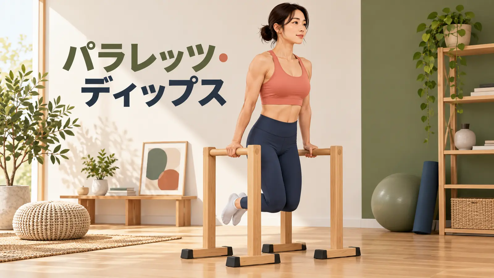 十分な高さのパラレッツでディップスを行う女性
