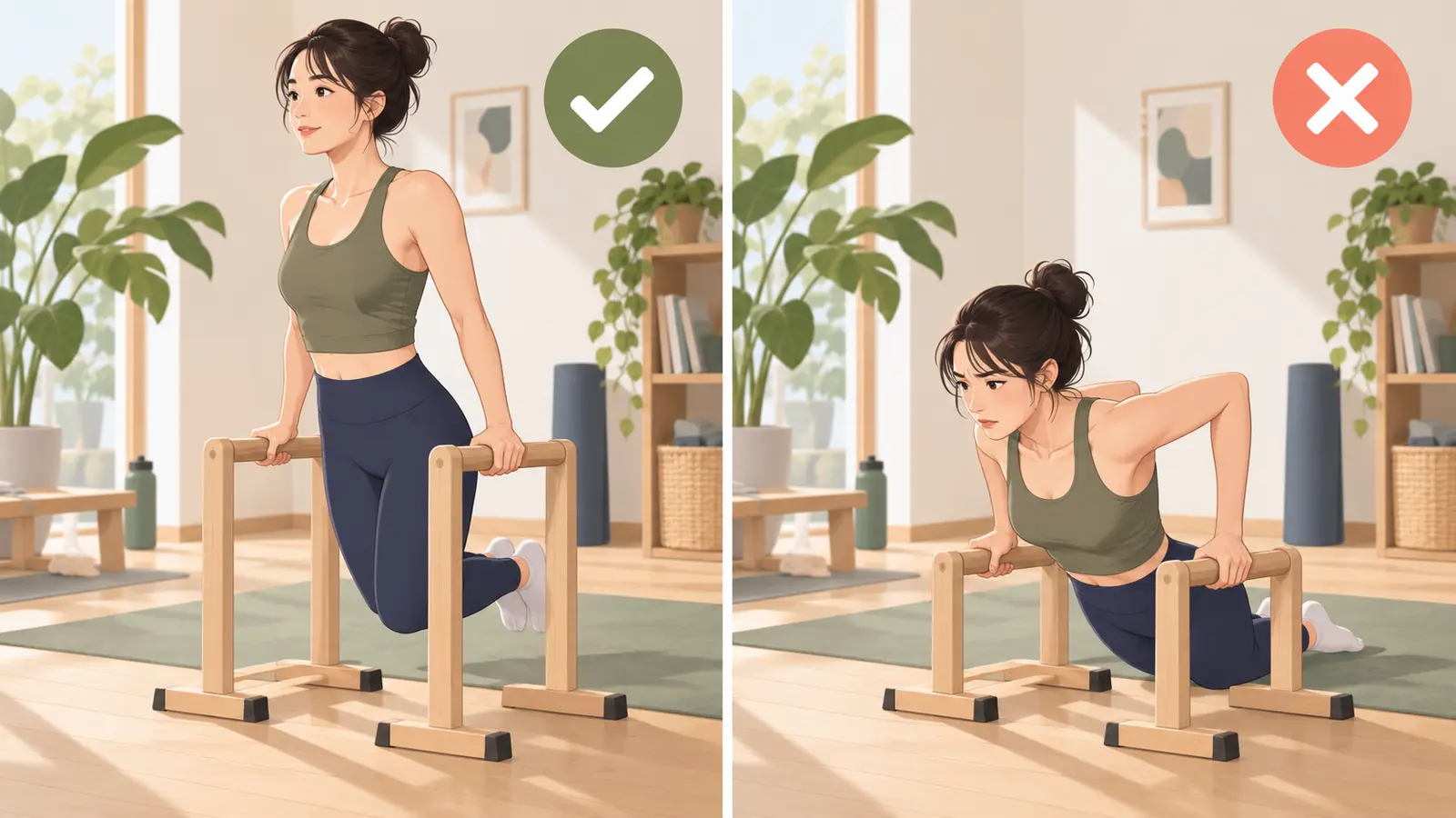 ディップスに適した高さと深すぎる可動域の比較