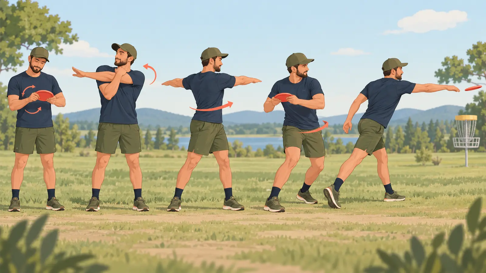 ディスクゴルフ前のウォームアップ手順を示すイラスト