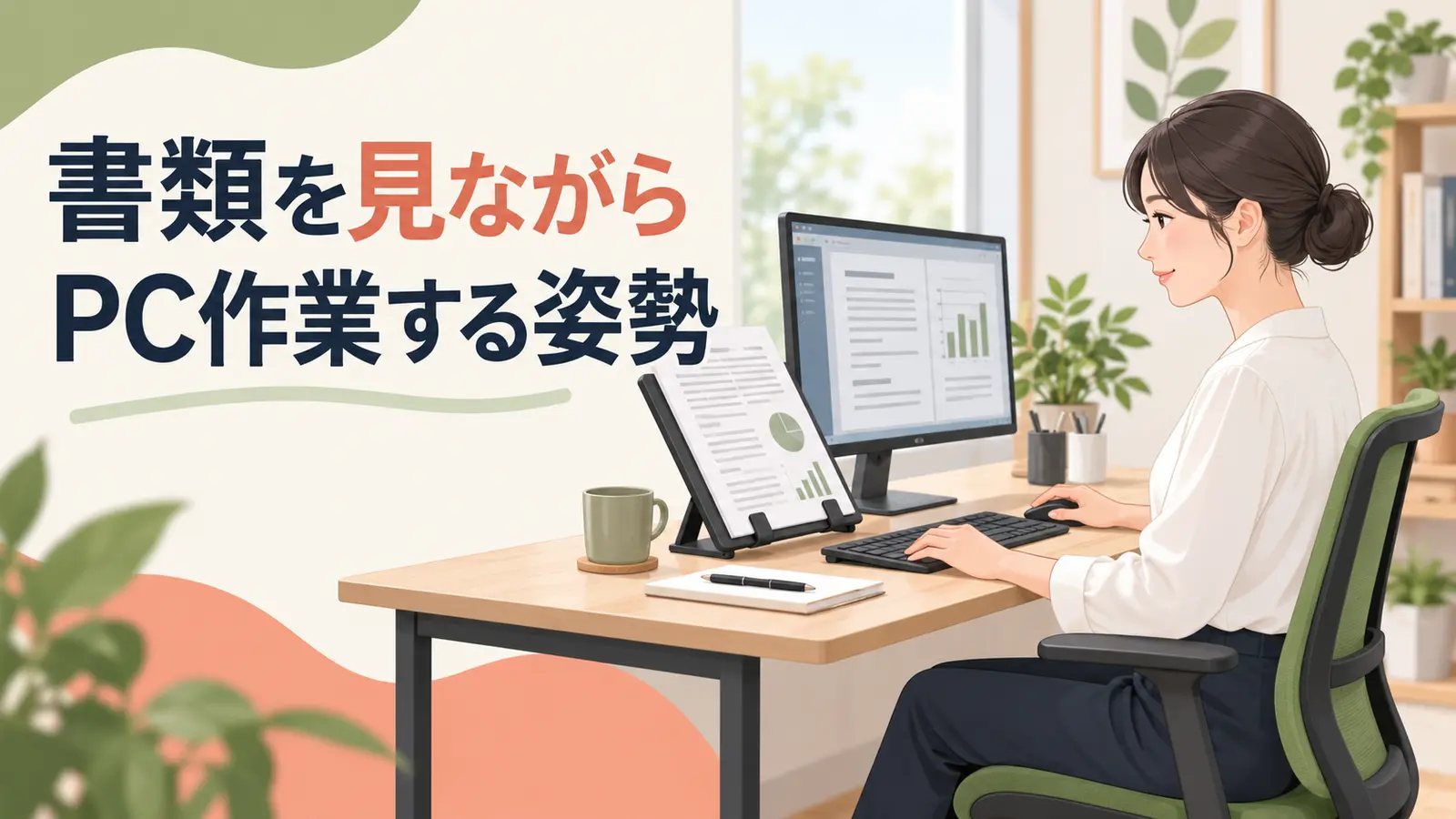 ドキュメントホルダーへ書類を立てて画面と見比べるデスクワーカー