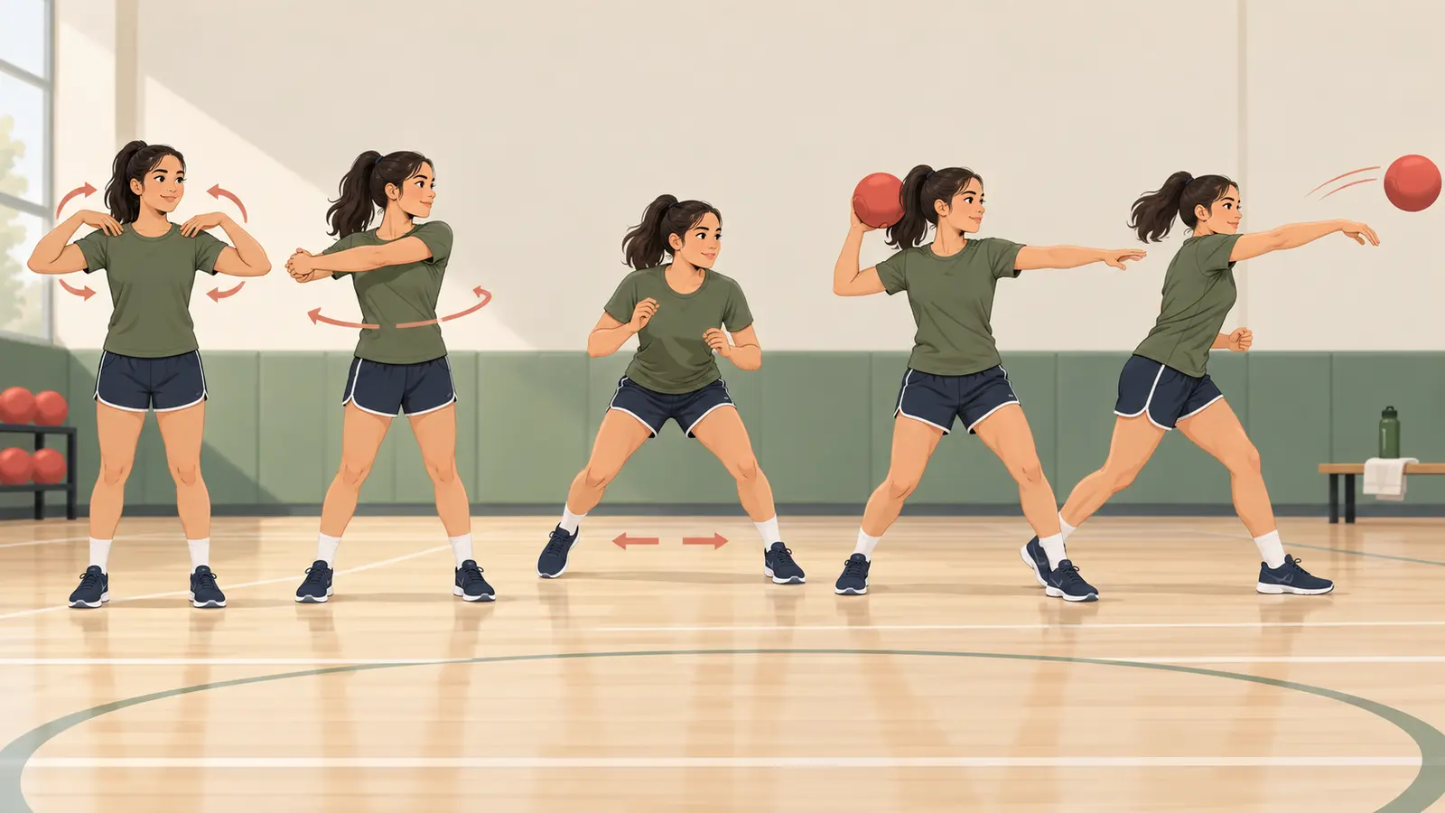 ドッジボール前のウォームアップ手順を示すイラスト