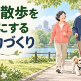 公園で犬と歩く中高年夫婦