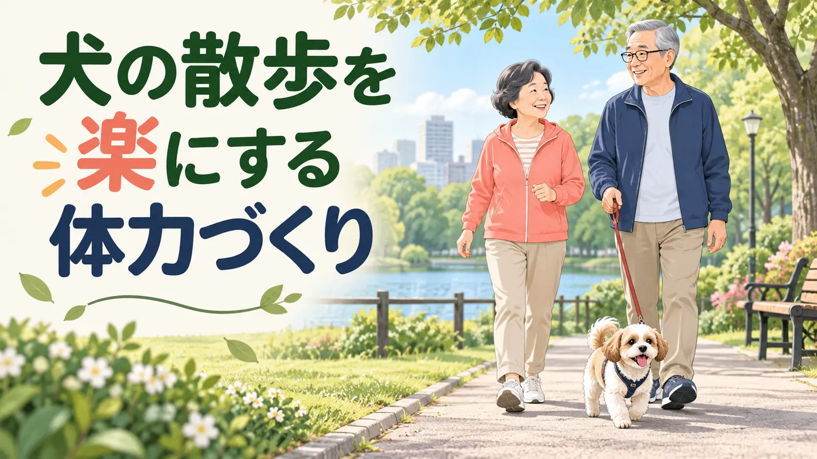 公園で犬と歩く中高年夫婦