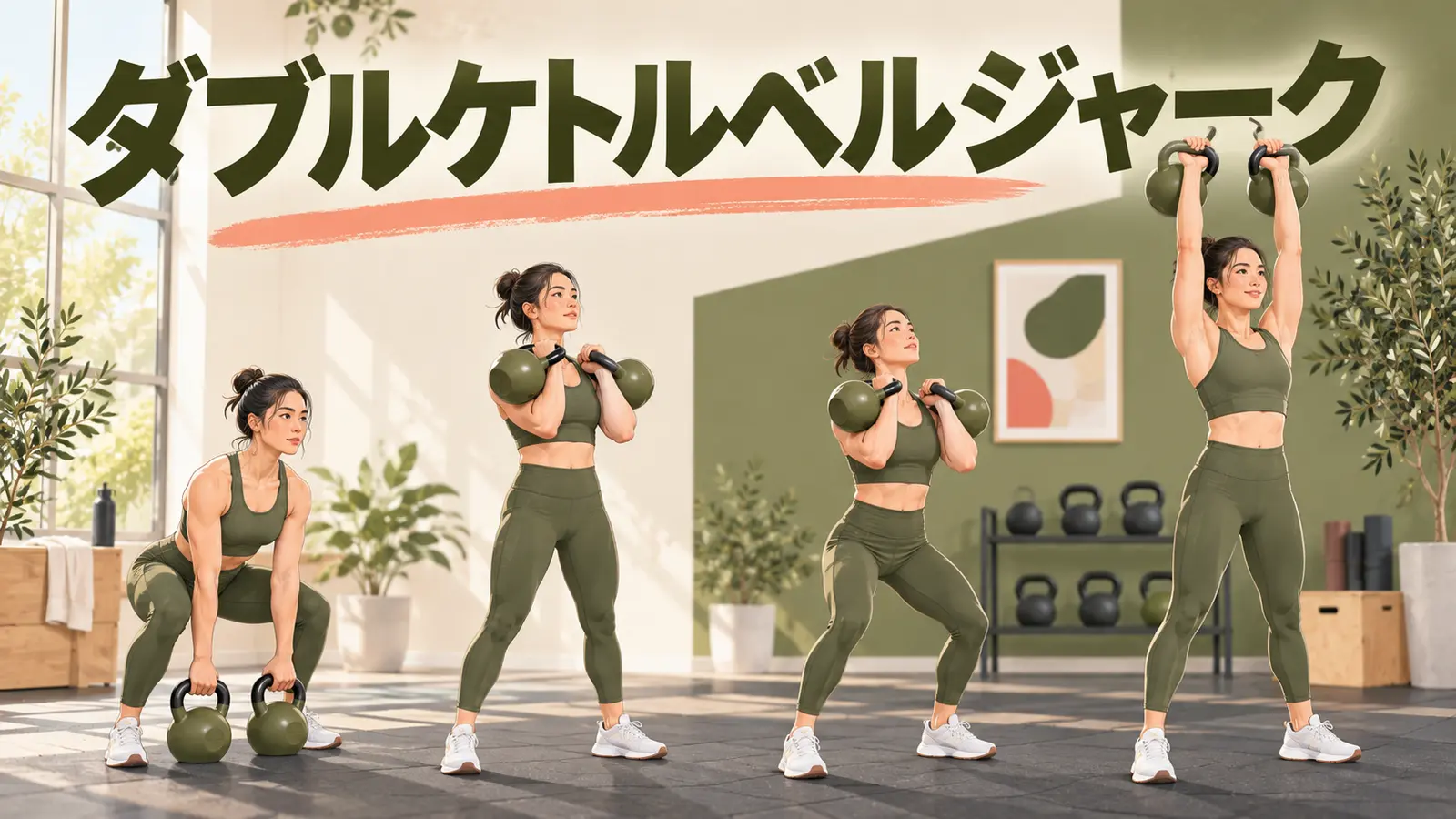2個のケトルベルを脚の力で頭上へ運ぶ人物