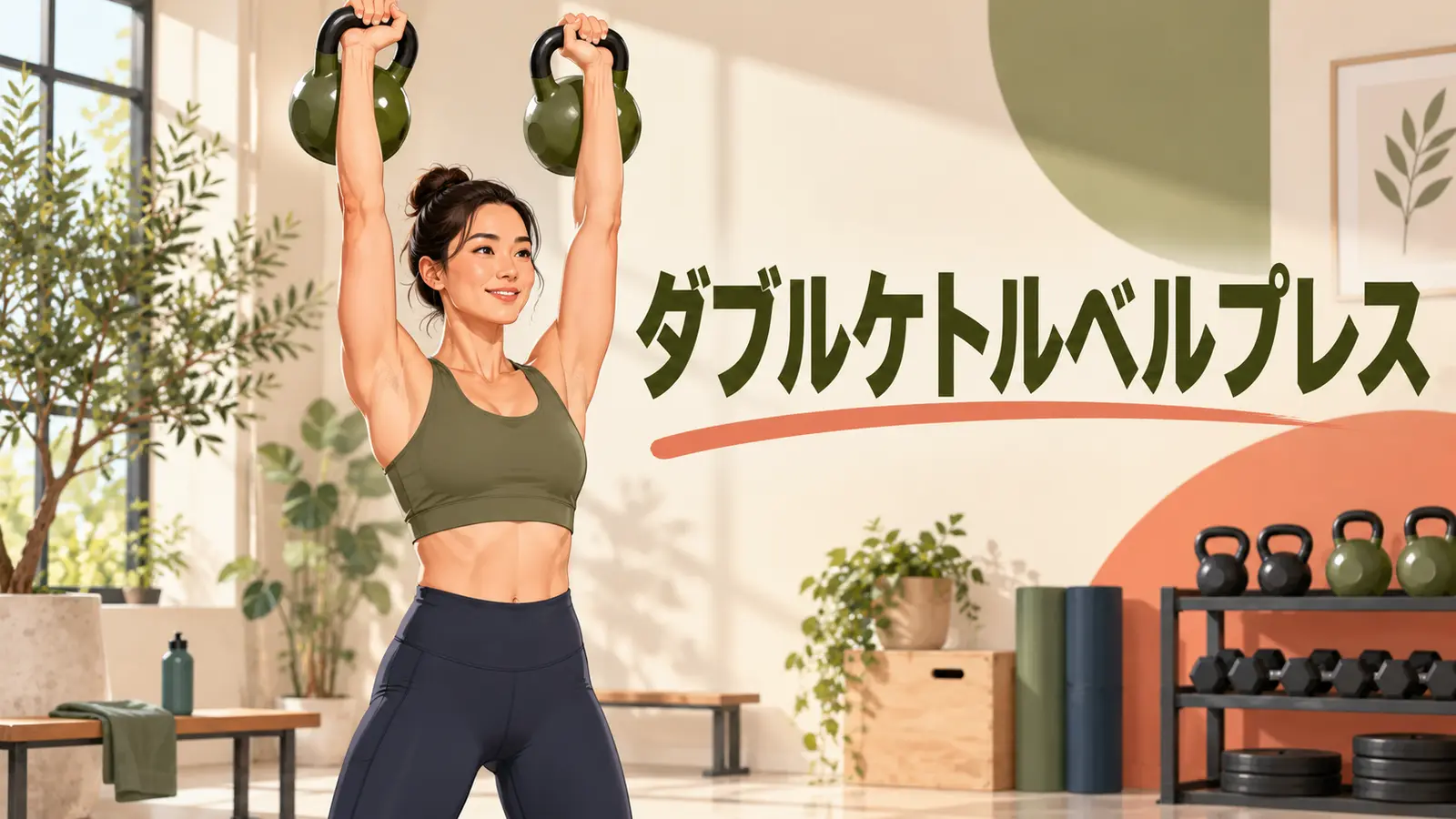 2個のケトルベルを同時に頭上へ押す人物