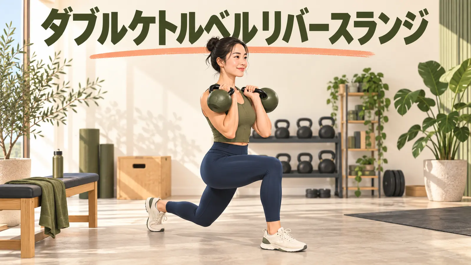 2個のケトルベルをラック保持して後方ランジする人物