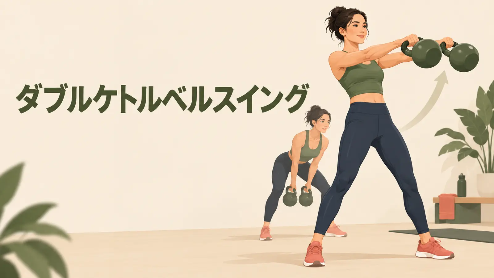 2個のベルを同時に振り、股関節の伸展力と全身の出力を高める様子