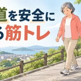 小さな歩幅で下り坂を歩く中高年女性