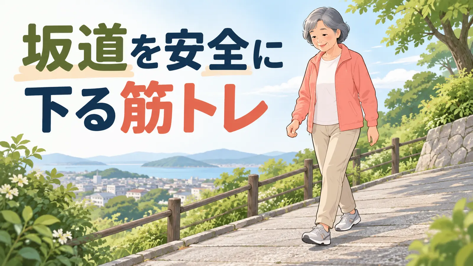 小さな歩幅で下り坂を歩く中高年女性