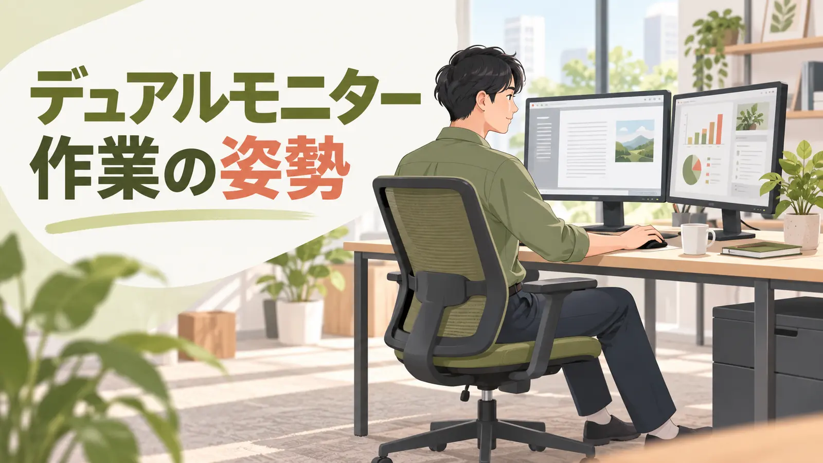 2台のモニターを近くに配置し主画面へ身体を向けて作業する人