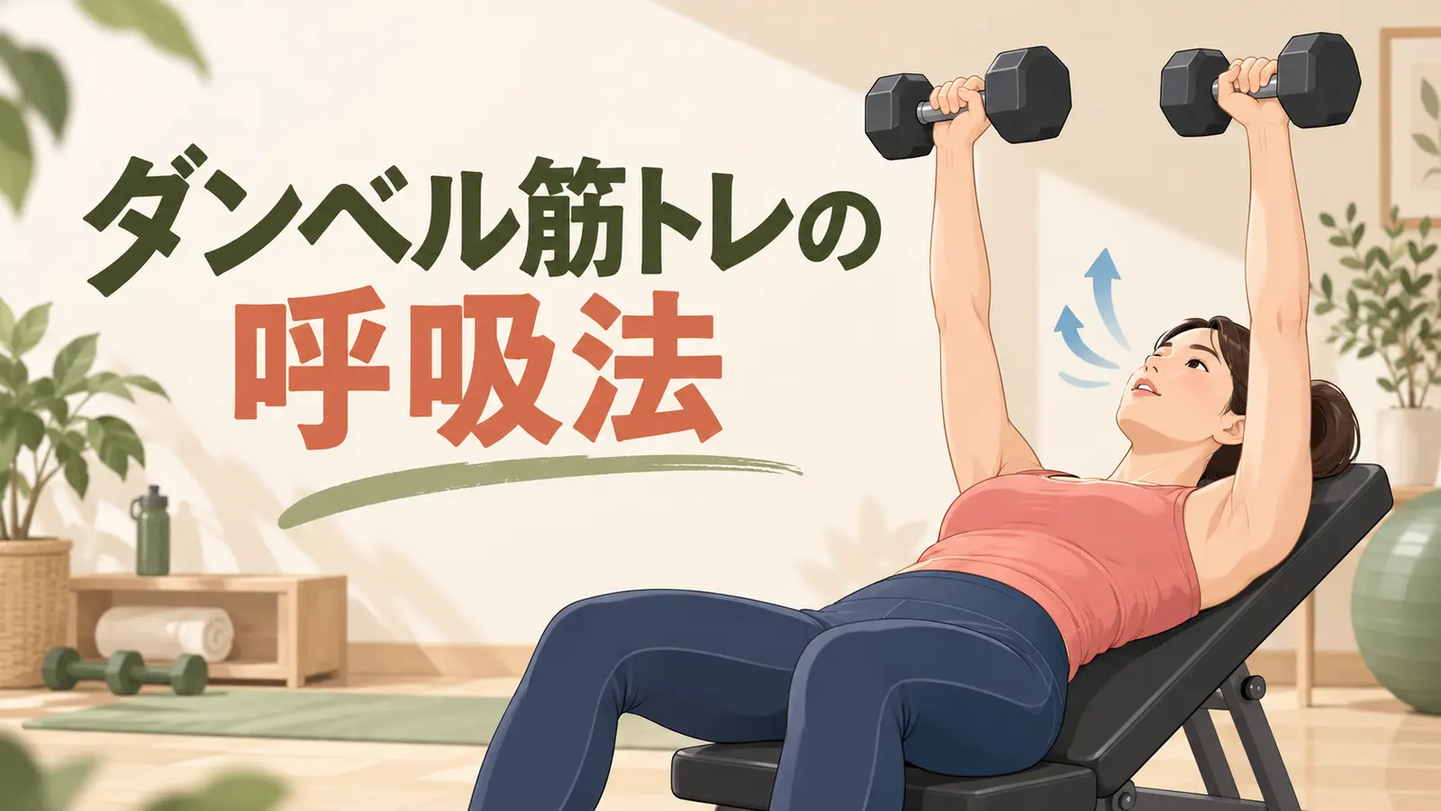 ダンベルプレスで呼吸するタイミングを示す様子