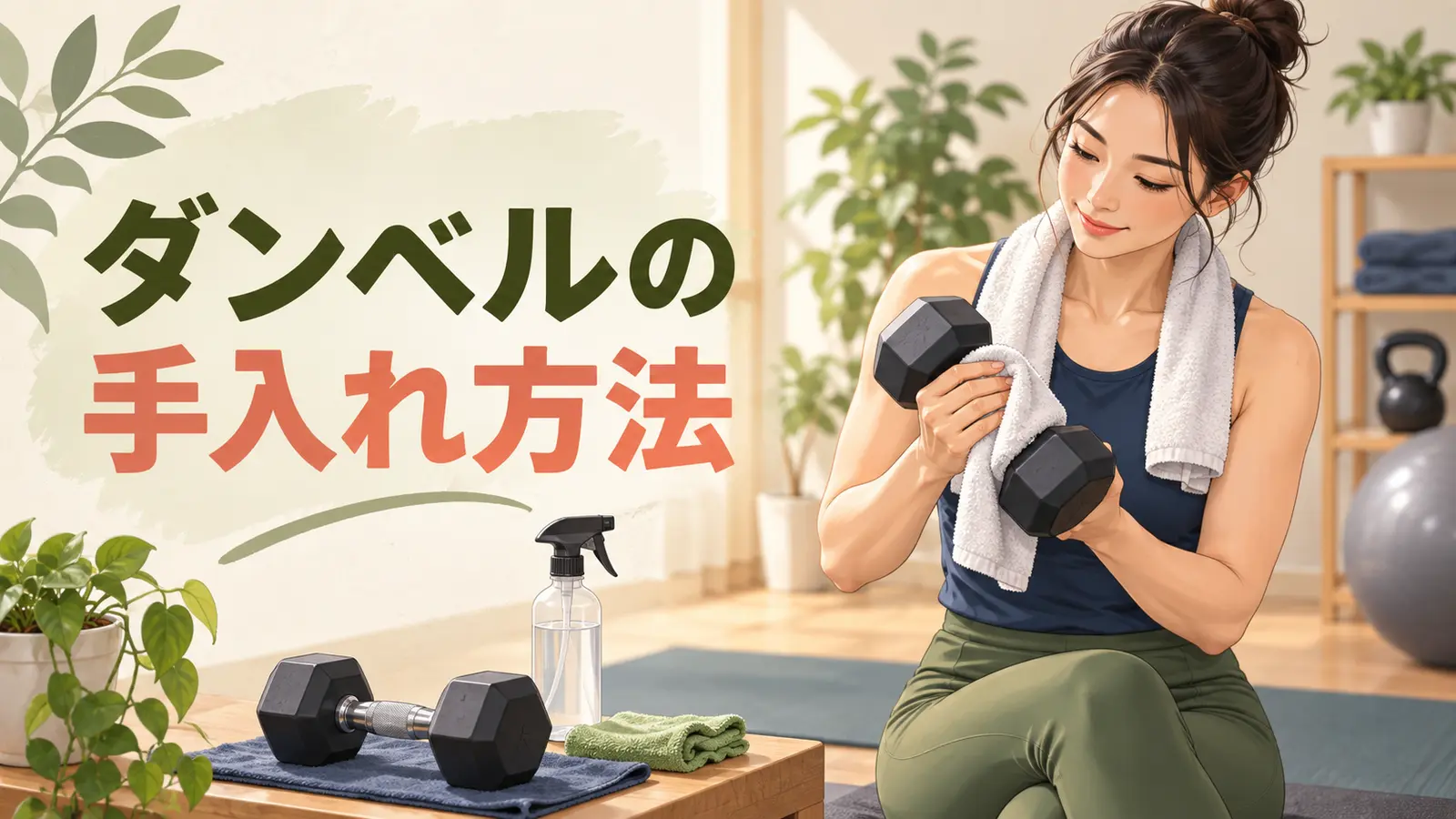 使用後のダンベルを布で拭く様子